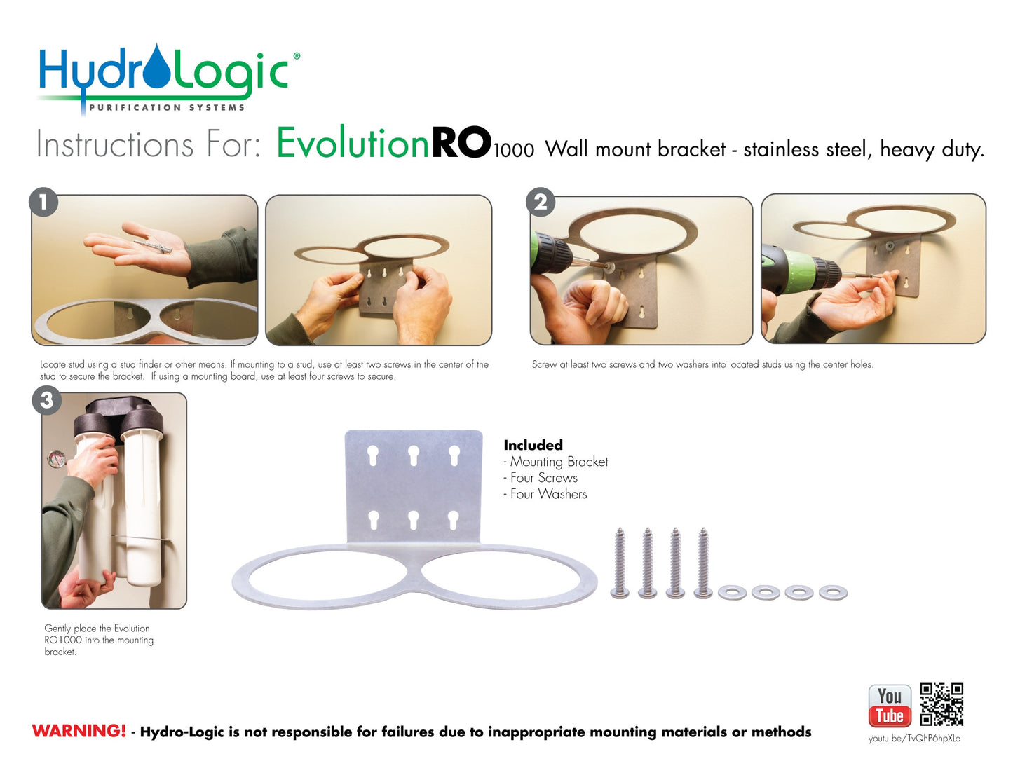 HydroLogic® Evolution-RO™ 1000 Wall Mount Bracket - Stainless Steel