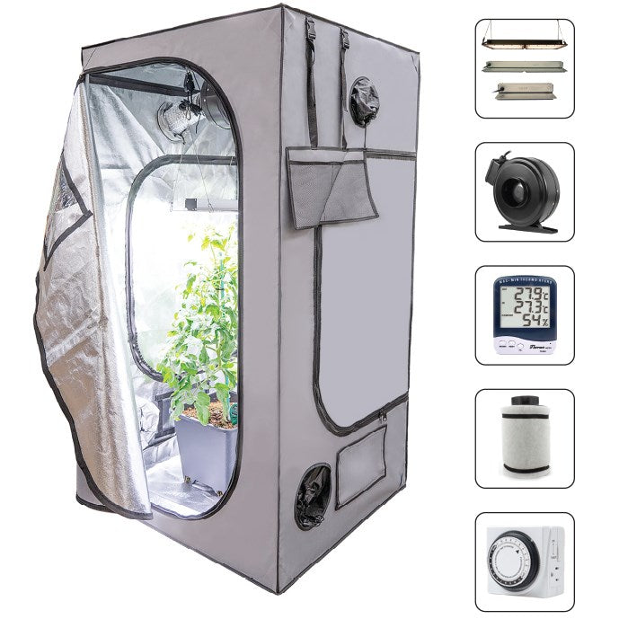 Hort2O™ Grow Tent Kit - 200W - 4ft x 4ft x 6ft 7in - Includes : Digital Hygro-Thermometer, Inline Fan, Mechanical Timer, and Smart Plug