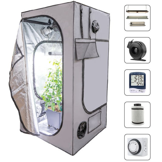 Hort2O™ Grow Tent Kit - 100w LED Grow Light - 3ft x 3ft x 5ft 11in - Includes : Digital Hygro-Thermometer, 4in Inline Fan and Carbon Filter, Mechanical Timer, and Smart Plug