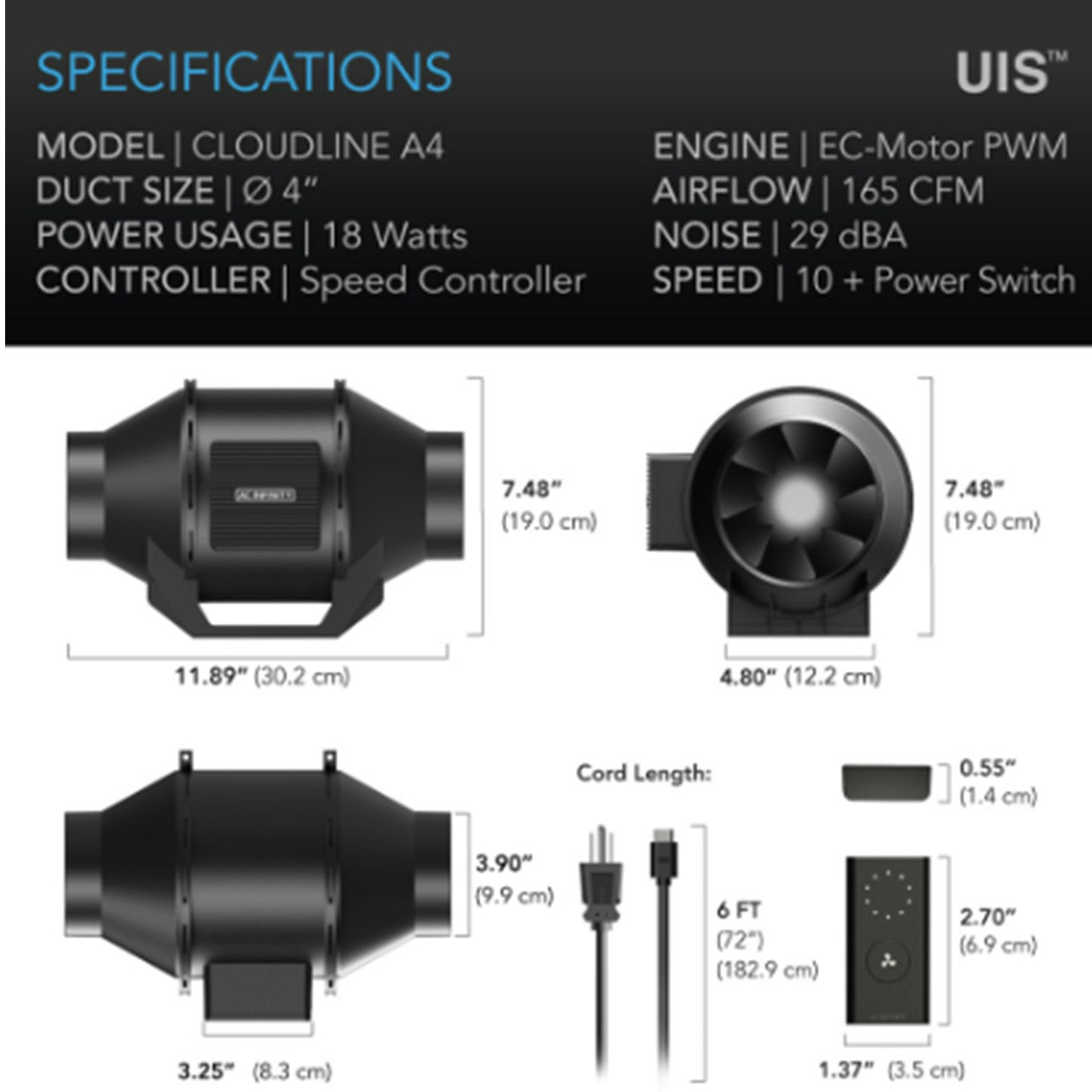 CLOUDLINE A4, Quiet Inline Fan 4" with Speed Controller